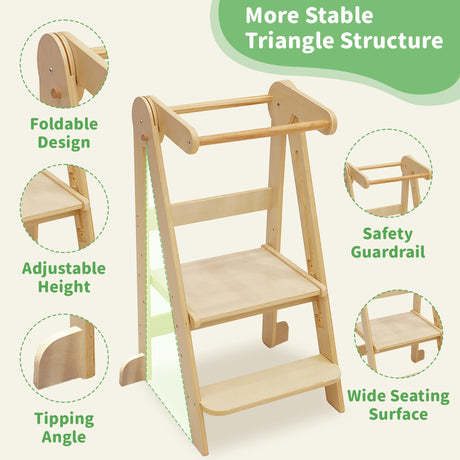 Foldable Toddler Tower 95% Preassembled Kitchen Stool Helper Folding Step Stool for Kids Montessori Toddler Standing Tower with 3 Adjustable Height Helper Tower for Kitchen Counter Sink Natural SHWWQUE