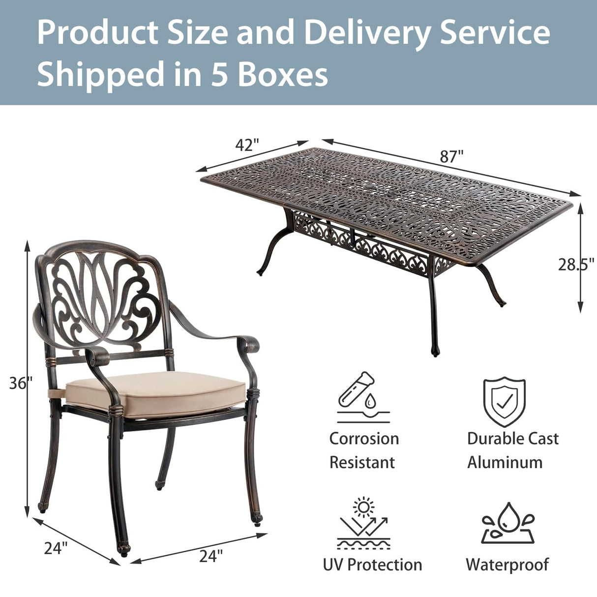 AIWOEN 9-Piece Cast Aluminum Patio Furniture, Outdoor Dining Sets for 8 Include 87" Rectangular Patio Dining Table and 8 Stackable Chairs with Cushions & Umbrella Hole (Bronze) AIWOEN