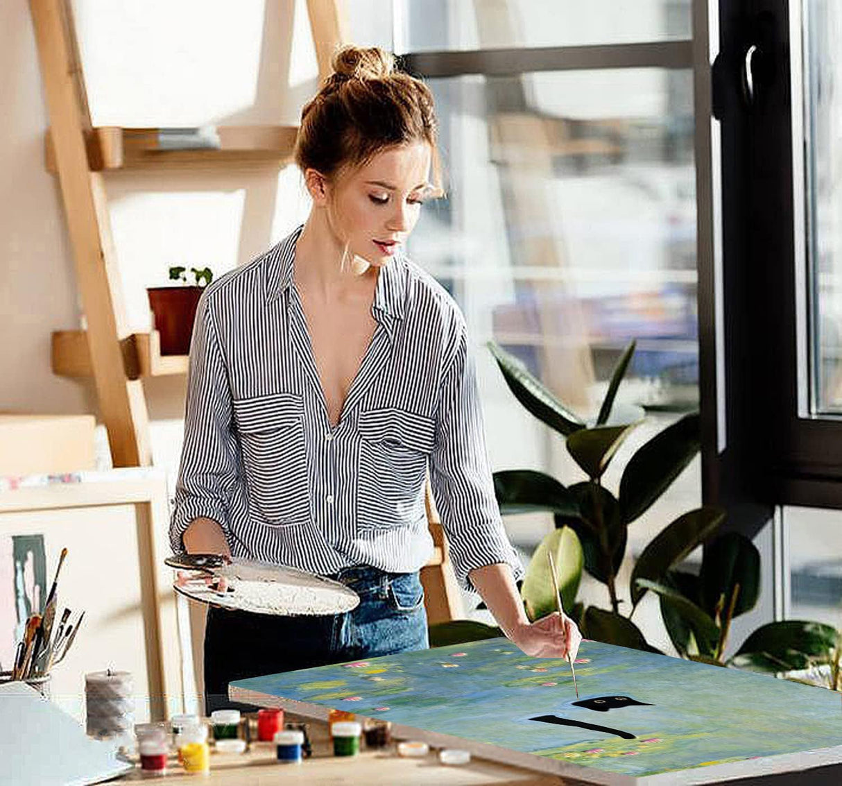 Black Cat Pond Paint by Numbers Kit for Adults with Framed - Paint by Number with Wooden Easel DIY Nice Box Acrylic Oil Painting,for Wall Decor 8x12inch VIGEGU