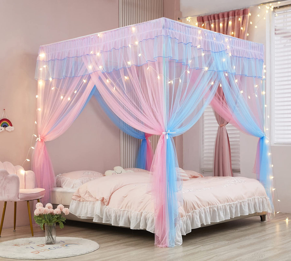 Mengersi Rainbow Canopy Bed Curtains with Lights - Princess Bed Canopy for Girls - Bed Drapes Netting- Bedroom Decoration Accessories,Twin Mengersi