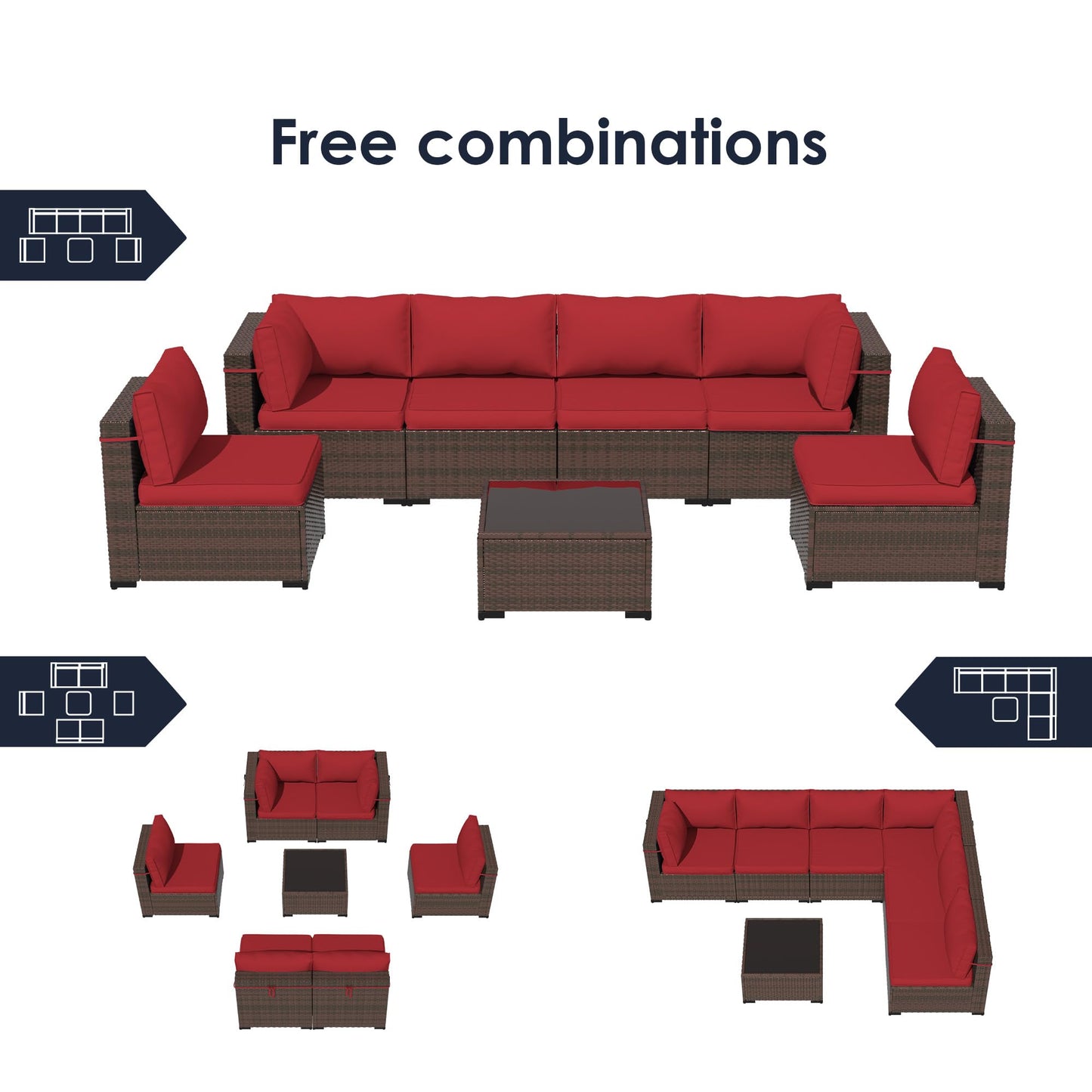 Amopatio 7 Pieces Patio Furniture Set, Outdoor Furniture Sectional Rattan Sofa Sets, Patio Couch with Glass Coffee Table for Backyard Garden (Burgundy)