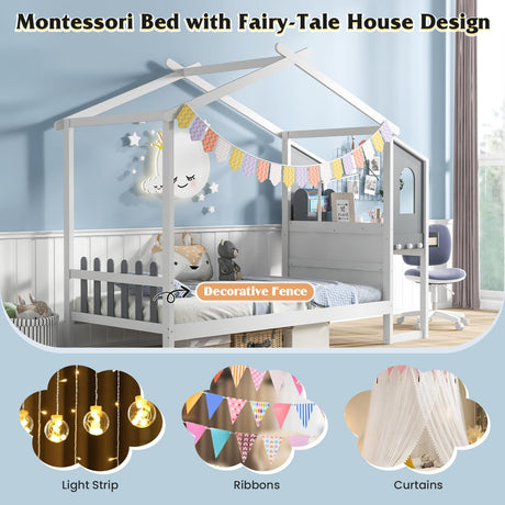KOMFOTT Twin House Bed with Desk, Wood Montessori Bed Frame with House Roof Canopy, 2 Drawers, Modern Playhouse Bed with Fence for Kids, Teens, Girls & Boys, No Box Spring Needed, White & Gray KOMFOTT