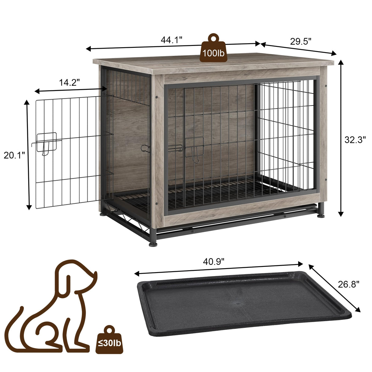 JY QAQA Dog Crate Furniture, Wooden Dog Crate Table, Double-Doors Dog Furniture, Indoor Dog Kennel, Dog House, Dog Cage/Grey/XL JY QAQA PET