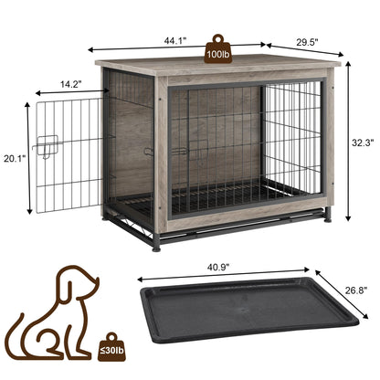 JY QAQA Dog Crate Furniture, Wooden Dog Crate Table, Double-Doors Dog Furniture, Indoor Dog Kennel, Dog House, Dog Cage/Grey/XL - WoodArtSupply