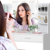 usikey Makeup Vanity with Mirror and 10 LED Lights, Vanity Makeup Table Set with 2 Drawers and Open Shelves, Makeup Vanity Desk Dressing Table with Cushioned Stool, White usikey