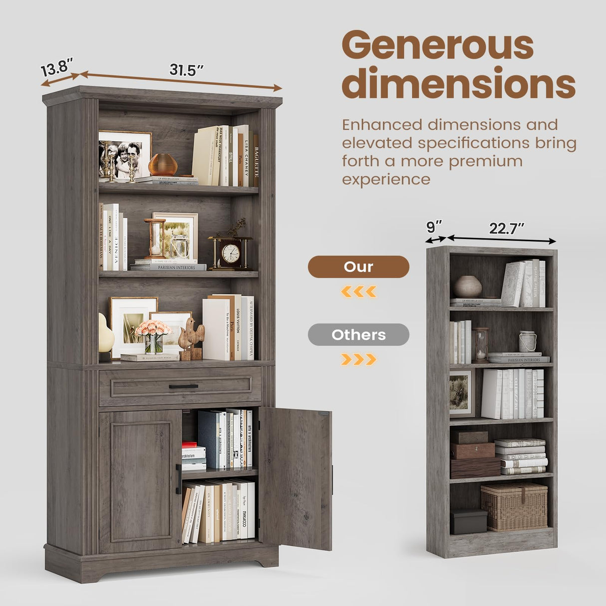 SEDETA Farmhouse Bookshelves and Bookcases with Doors and Drawer, Bookshelf with Storage, Floor Standing 6 Shelf Display Storage Shelves 70 in Tall Bookshelf for Home Office, Living Room, Grey SEDETA