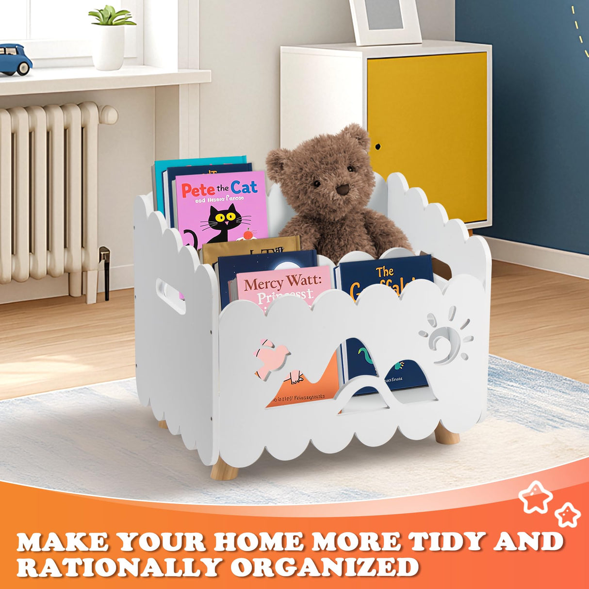 Calmbee Wooden Kids Bookshelf with 2 Adjustable Dividers, Montessori Bookshelf with Animal Carvings for Nursey Room Classroom Playroom, Toy Storage Oragnzier, for Your Baby´s Bedroom, White Calmbee