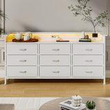 WODRAWER White Dresser for Bedroom with 9 Drawers, Long Dresser TV Stand with LED Lights & Charging Station, Fabric Chests of Drawers for Closet Entryway Living Room WODRAWER