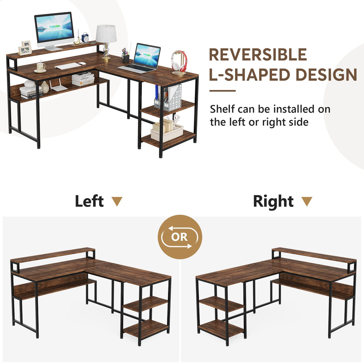 Tribesigns L Shaped Desk with Shelves, 59" Large Corner Computer Desk with Monitor Shelf, Reversible Home Office Desk with Bookshelf and Metal Frame, Two Person Desk, Rustic Brown Tribesigns
