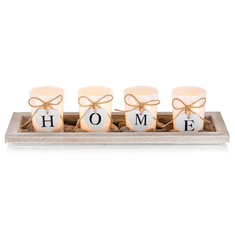 Romadedi Farmhouse Centerpiece Candle Holder Decor - Rustic Wooden Tray with 4 Glass Tealight Candles Holders for Coffee Table Home Decorations Living Room Fireplace Kitchen Housewarming Gifts Romadedi