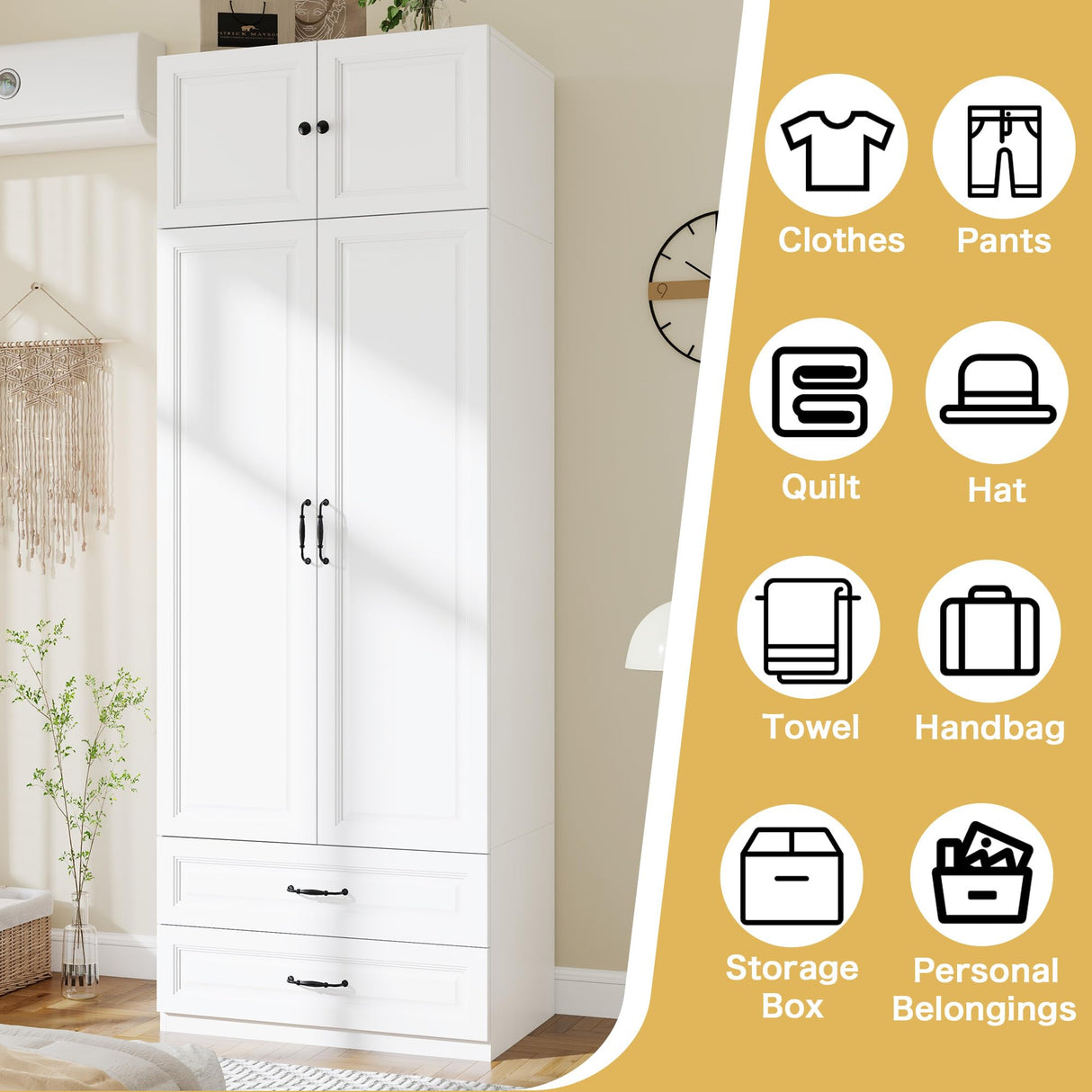 Armoire Wardrobe Closet with Doors: 89" Extra Tall White Wardrobe with Storage on Top, Bedroom Armoires with 2 Doors and 2 Drawers, Large Wood Closet Armoire for Hanging Clothes (A, 31.5") LABROSKIA