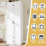 Armoire Wardrobe Closet with Doors: 89" Extra Tall White Wardrobe with Storage on Top, Bedroom Armoires with 2 Doors and 2 Drawers, Large Wood Closet Armoire for Hanging Clothes (A, 31.5") LABROSKIA