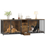 DWVO 95in Double Dog Crate Furniture with Feeder Bowls, Wooden Large Dog Kennel with Storage Drawer, Indoor Dog Kennel TV Cabinet for 2 Large/Medium Dogs, Brown DWVO
