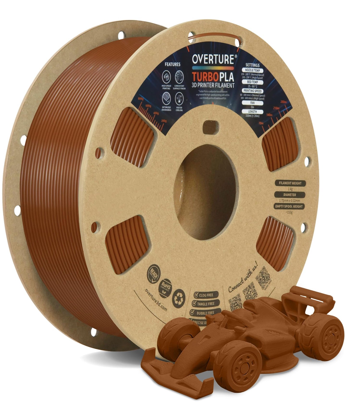 OVERTURE Turbo PLA Filament 1.75mm Rapid PLA Filament High Speed 600mm/s, 1KG Cardboard Spool (2.2lbs), Dimensional Accuracy +/- 0.02mm, Fit Most FDM Printer(Brown) - WoodArtSupply