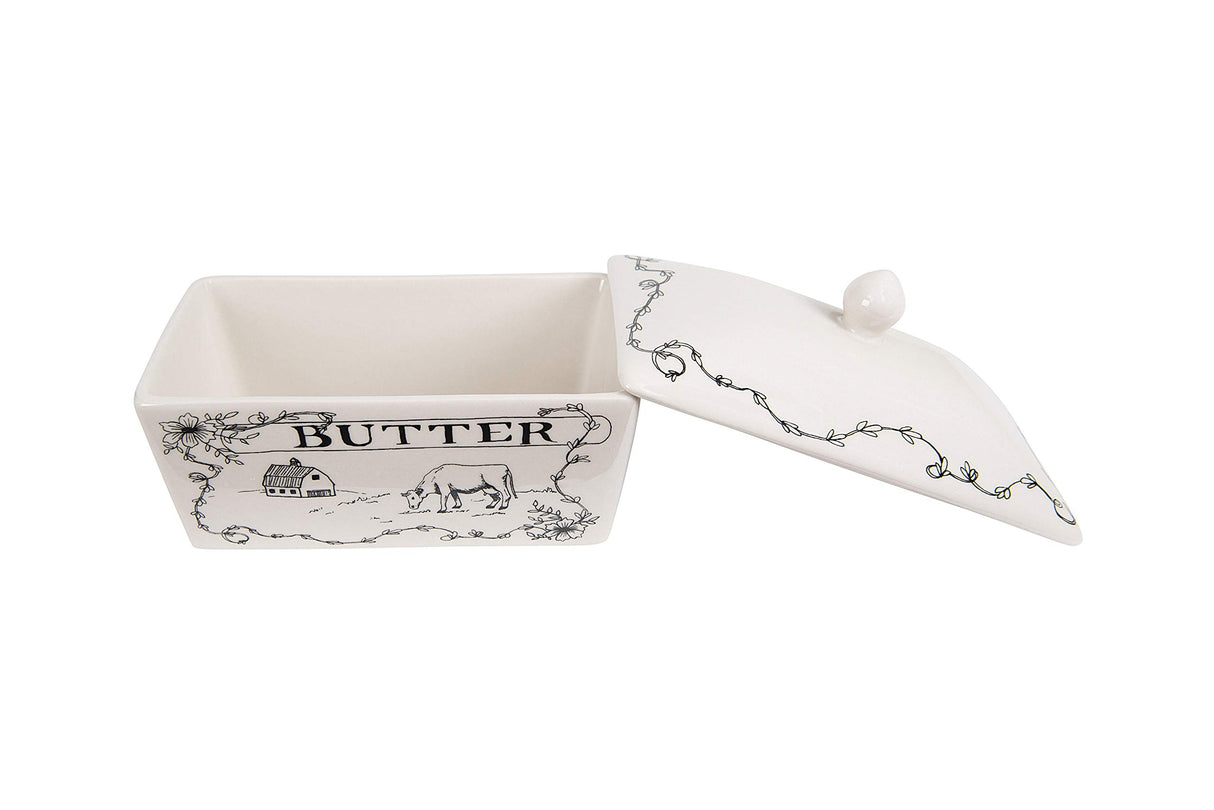 Creative Co-Op Country Stoneware Butter Dish with Lid, "Spread the Love" Message, and Farm Line Drawing, White and Black, Food, Microwave, and Dishwasher Safe Creative Co-Op