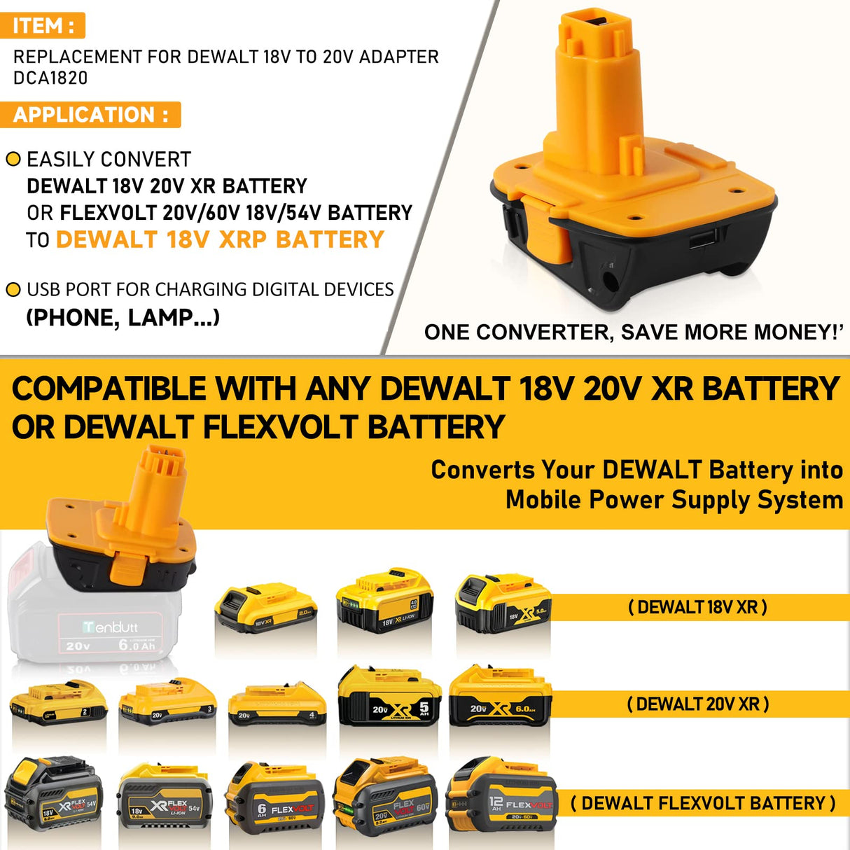 【Fast USB | Replace for De walt 18V to 20V Battery Adapter】 Converter DCA1820 for Dewalt 18V Tools Convert Dewalt 20V Battery DCB203 DCB206 to Dewalt 18V XRP NiCd NiMh Battery DC9098 DC9096 for Phone CaliHutt