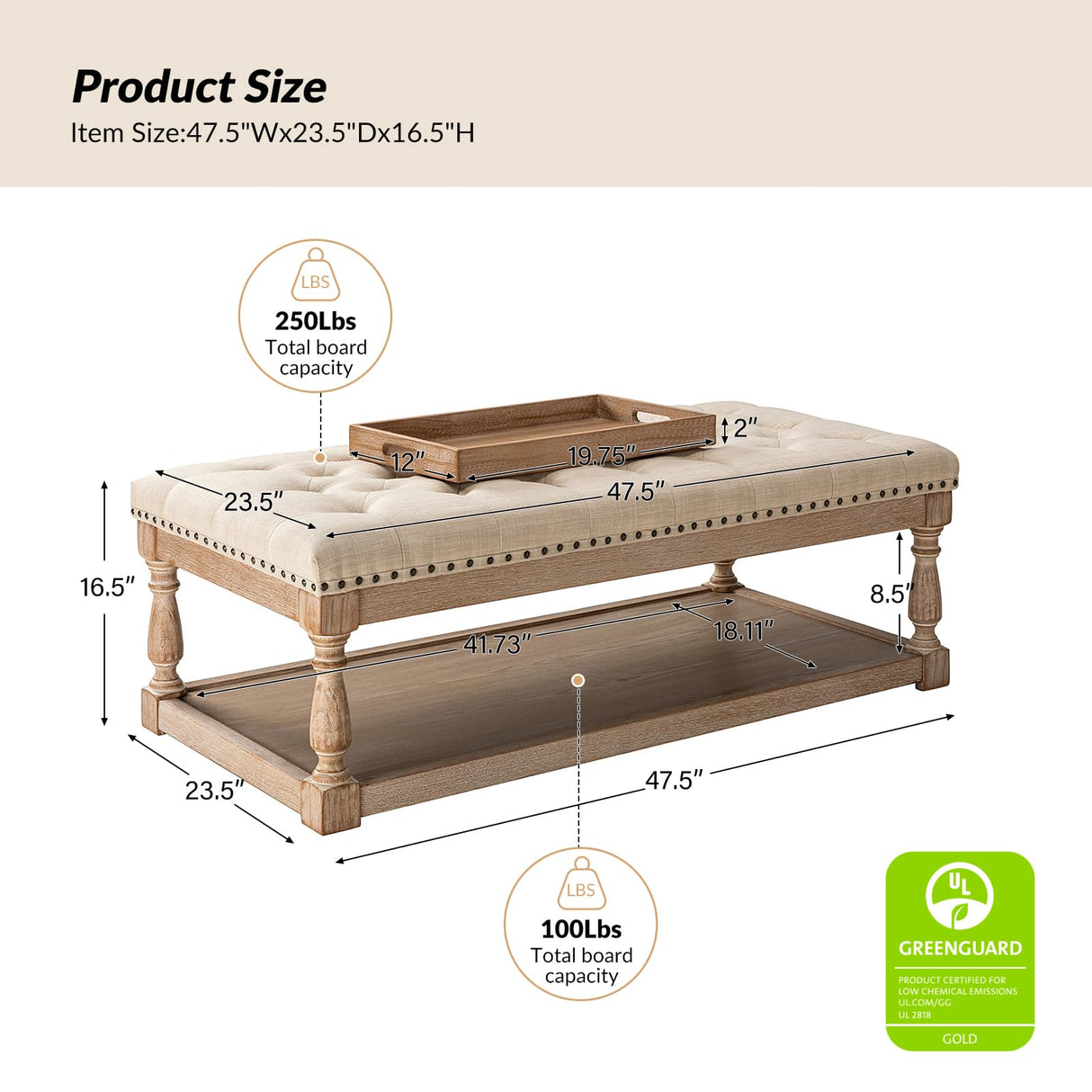 HULALA HOME Rectangle Ottoman Coffee Table with Tray, Tufted Living Room Ottoman with Solid Wood Storage Shelf, Linen HULALA HOME