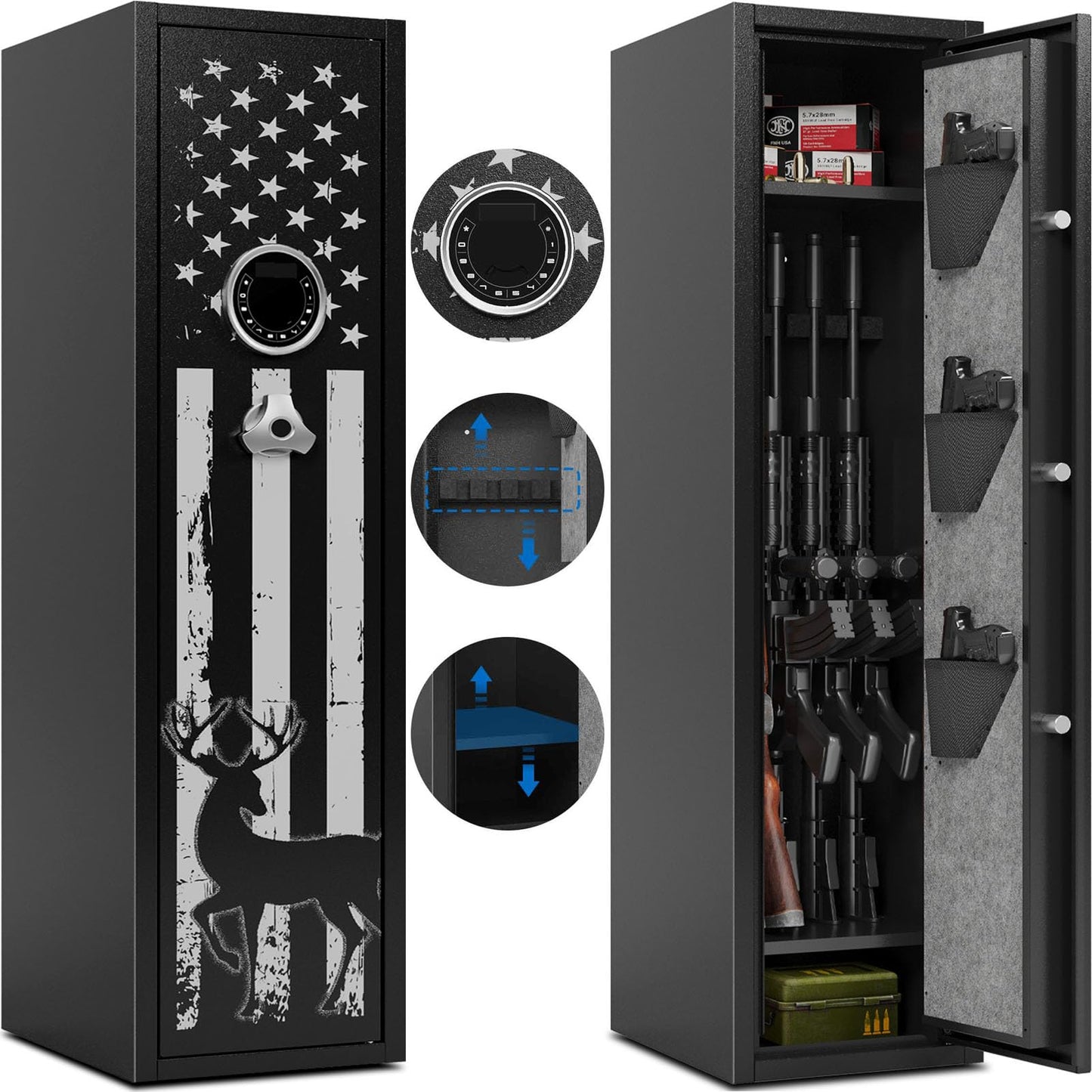 KAER 6 Gun Safe for Rifles and Pistols, Large Gunsafe Cabinet Rifle Safe Assembled Gun Safes for Home Rifles and Shotguns with Upgraded Digital Keypad Key Lock LED Light Removable Shelves Gun Racks