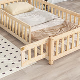 TURRIDU Twin Size Montessori House-Shaped Floor Bed with Fence & Door in Natural Wood TURRIDU