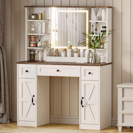 ivaniti Farmhouse Makeup Vanity Desk with Mirror & Lights, Vanity Table Set with 3 Drawers, 2 Cabinets, Open Shelves & Power Strip, 3 Lighting Modes with Adjustable Brightness for Bedroom ivaniti