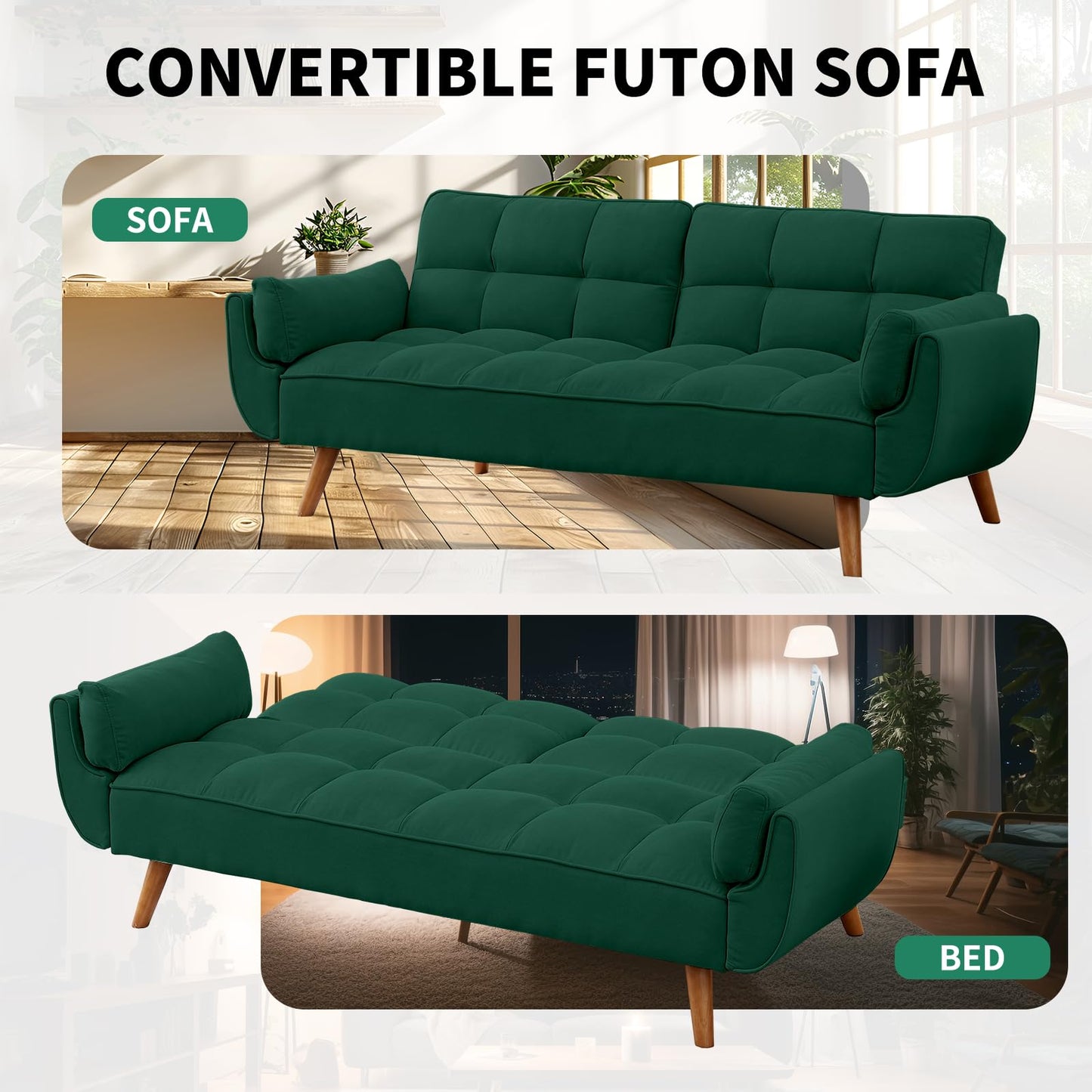 Homies Life Solid Wood Feet Futon Couch Tufted Convertible Sleeper Sofa Bed Solid Wood Legs Adjustable Backrest Living Room Hemp Sponge S-Shaped Spring Eucalyptus Frame (Green)