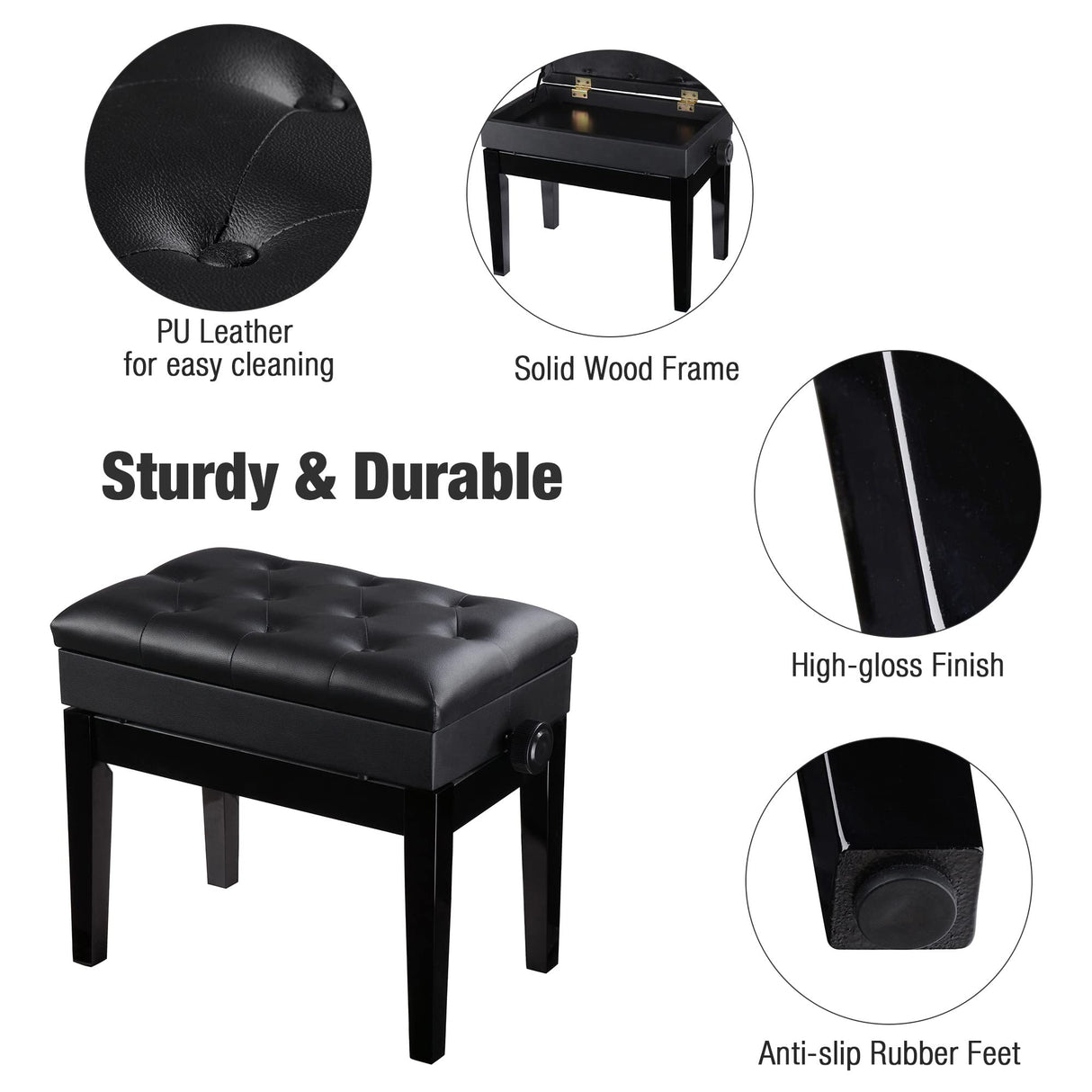 AW Adjustable Height Piano Bench Stool PU Leather Wooden Keyboard Seat with Music Storage Weight Capacity 400lbs Black AW
