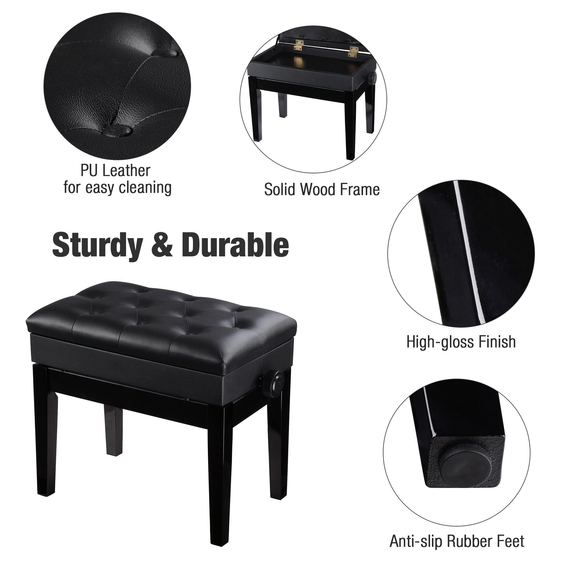 AW Adjustable Height Piano Bench Stool PU Leather Wooden Keyboard Seat with Music Storage Weight Capacity 400lbs Black - WoodArtSupply