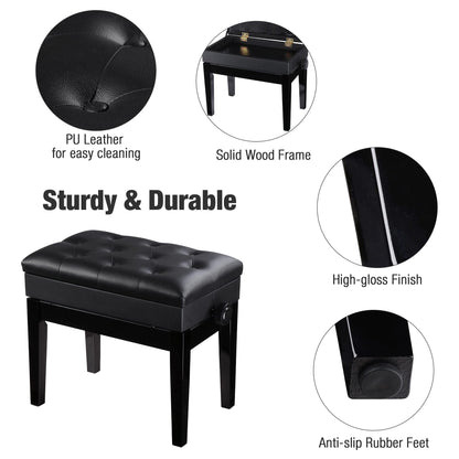 AW Adjustable Height Piano Bench Stool PU Leather Wooden Keyboard Seat with Music Storage Weight Capacity 400lbs Black - WoodArtSupply