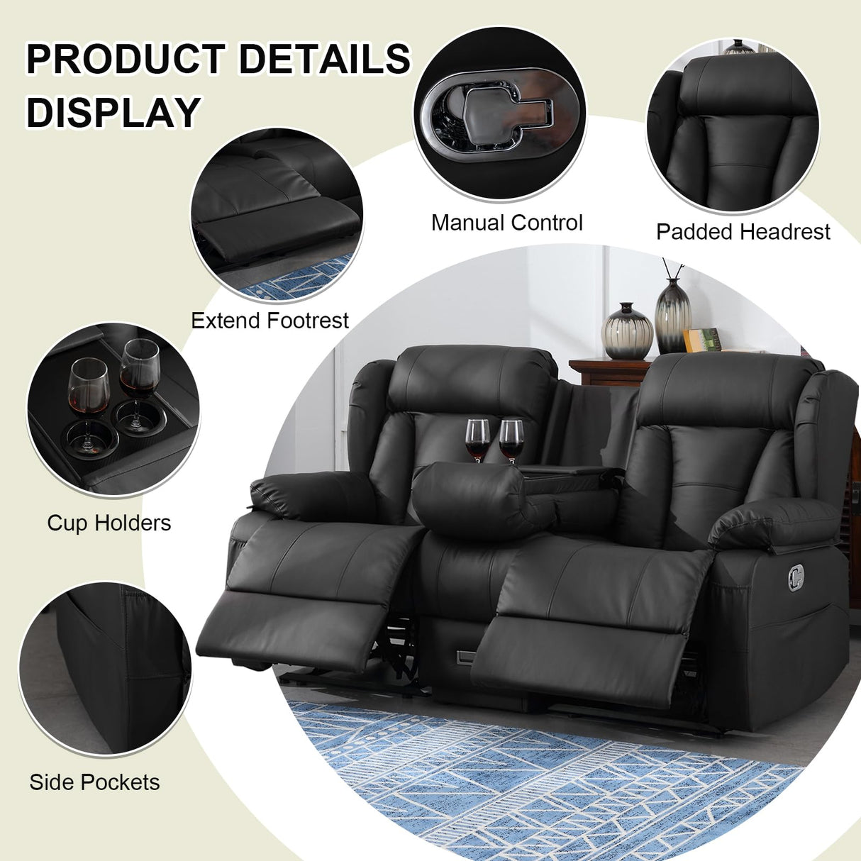 IBTKIG 72.8" Manual Reclining Loveseat Sofa - Wall Hugger Double Loveseat Recliner with Console, Fold-Down Table and Built-in Outlets, Manual Recliner Chair for Living Room RVs Home Theater (Black) IBTKIG