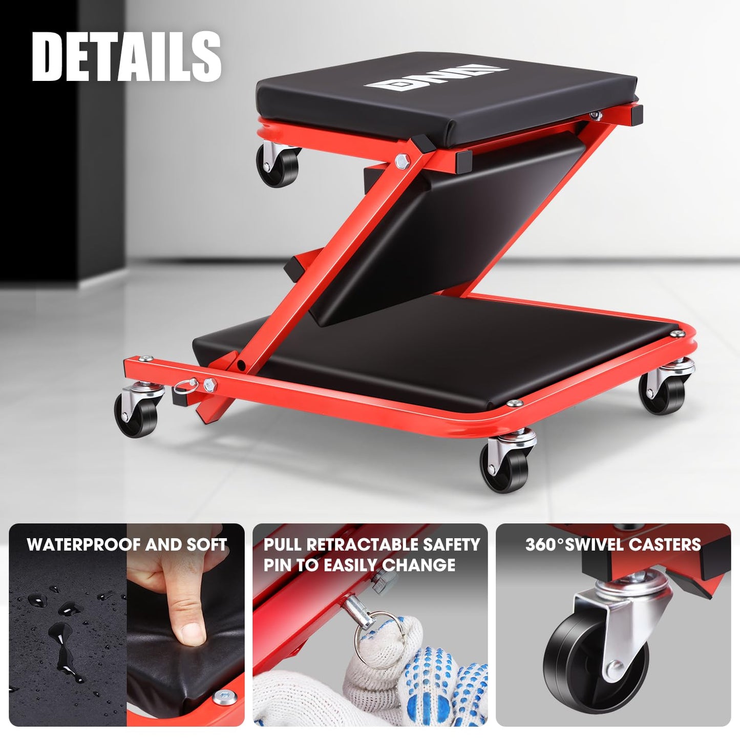 ‎DNA MOTORING TOOLS-00184 36 Inches 2 IN 1 Rolling Folding Car Creeper/Seat, 6 Pcs 2" Casters, 150kg Weight Capacity, Red