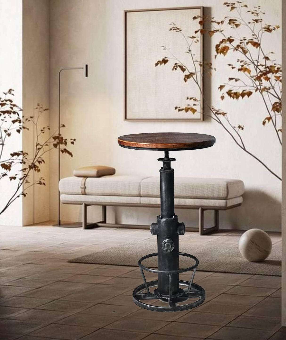 LOKKHAN Industrial Bar Table 38.6"-48.4" Height Adjustable Swivel Round Wood Tabletop 23.7" Dia, Kitchen Dining Office Coffee Bistro Pub Table LOKKHAN