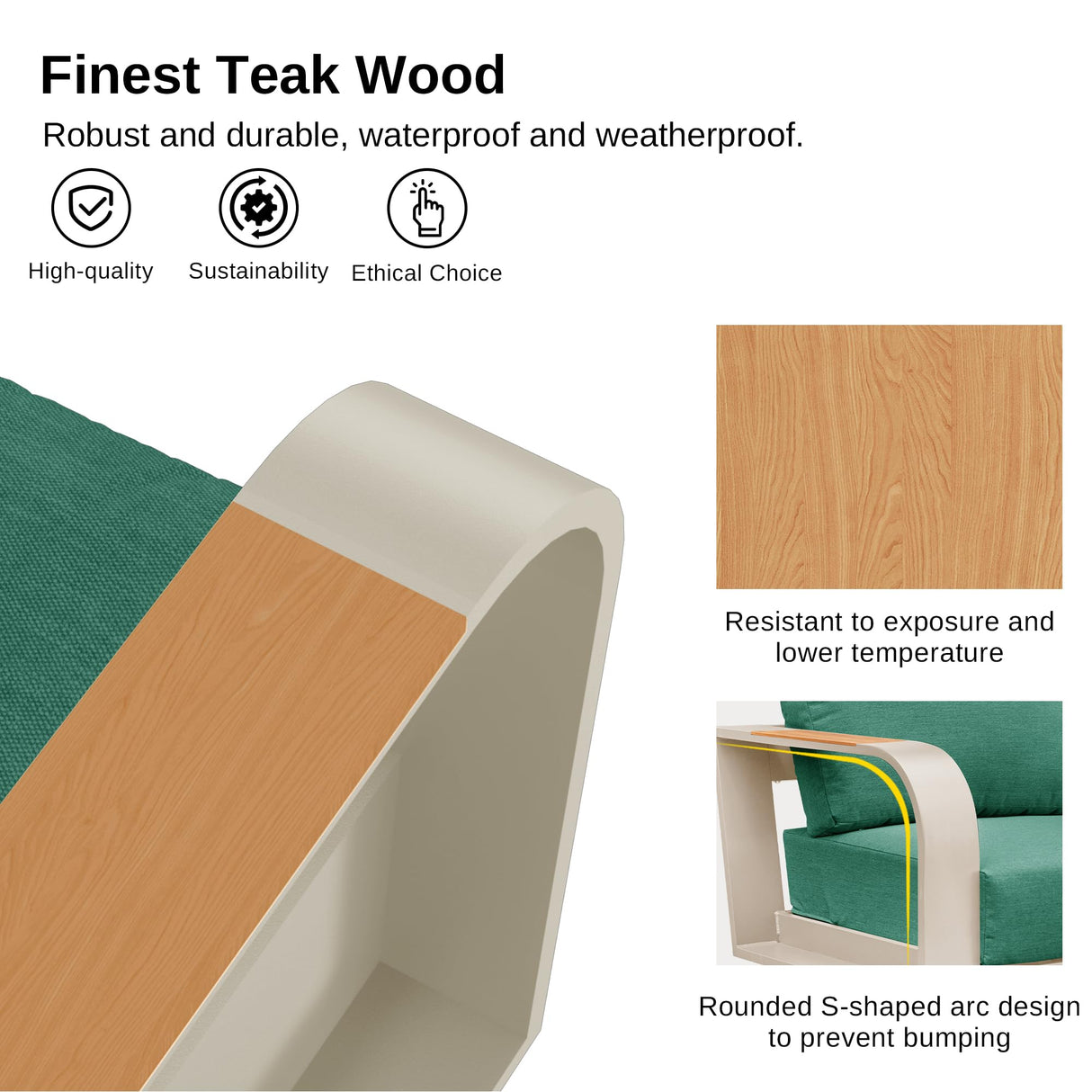 EAST OAK Signature 4 Pieces Patio Furniture Set, Aluminum Outdoor Furniture with Teak Wood Armrest, Sofa and Coffee Table Patio Set, Modern Patio Conversation Set for Porch, Champagne Gold & Green EAST OAK