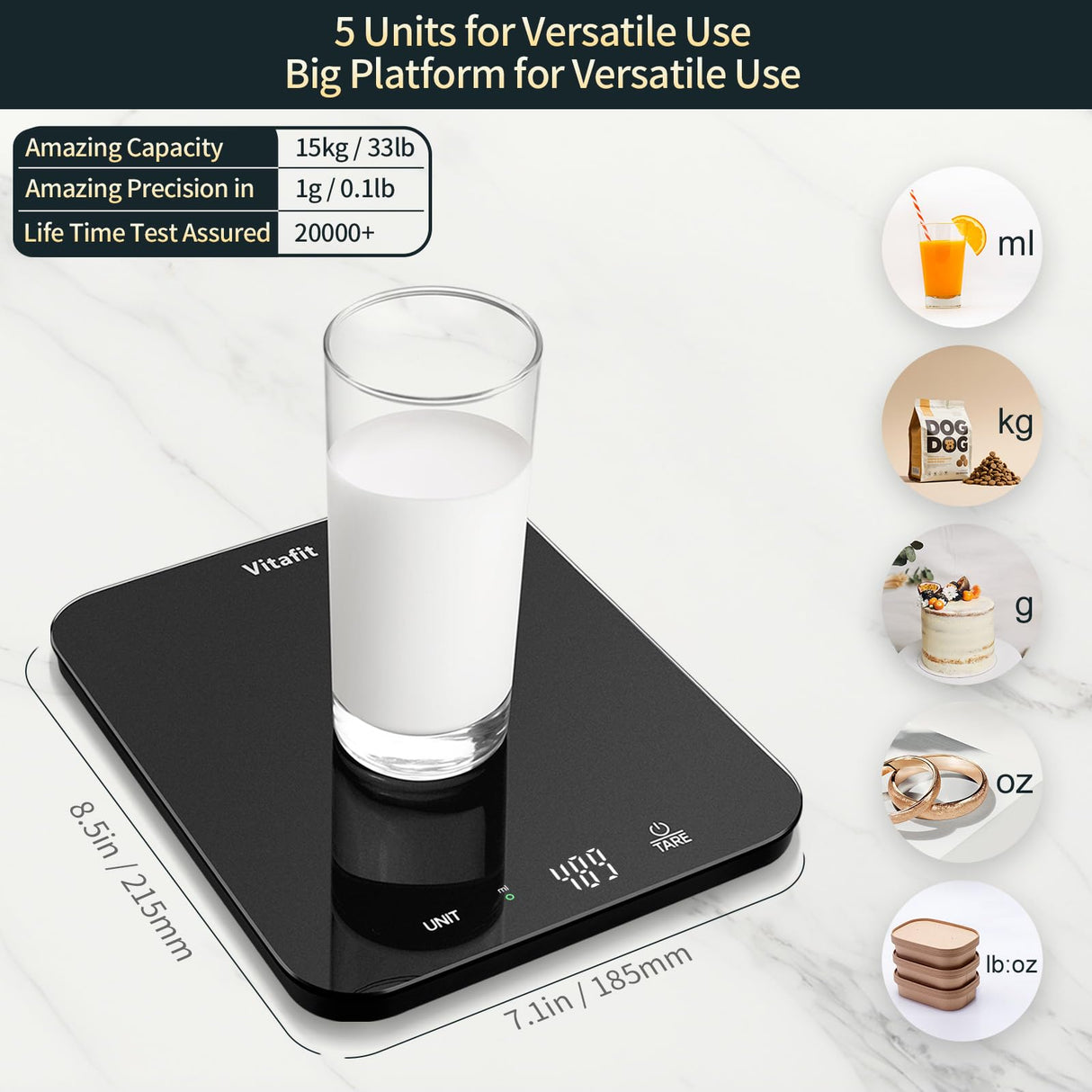Vitafit 33lb/15kg Digital Food Scale in High Precision 0.1oz/1g, Our Own Kitchen Scale Professional Factory Since 2001, Kitchen Essentials for Cooking & Baking, LED, 3*AAA Battery, Spray Silver Black Vitafit