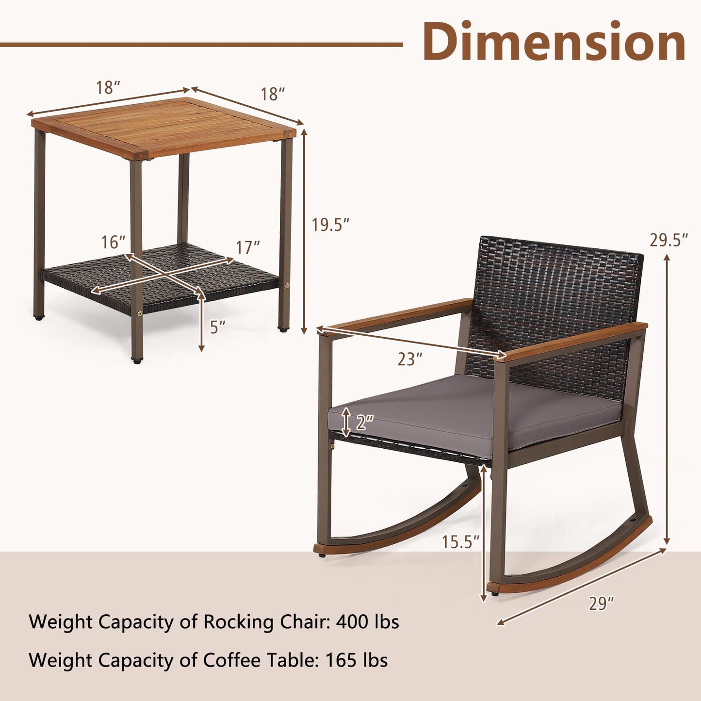 Tangkula 3 Pieces Rocking Bistro Set, Outdoor Rocker Chair with Coffee Table & Cushions, Patio Rattan Furniture Conversation Set for Balcony Porch Poolside (Gray) - WoodArtSupply