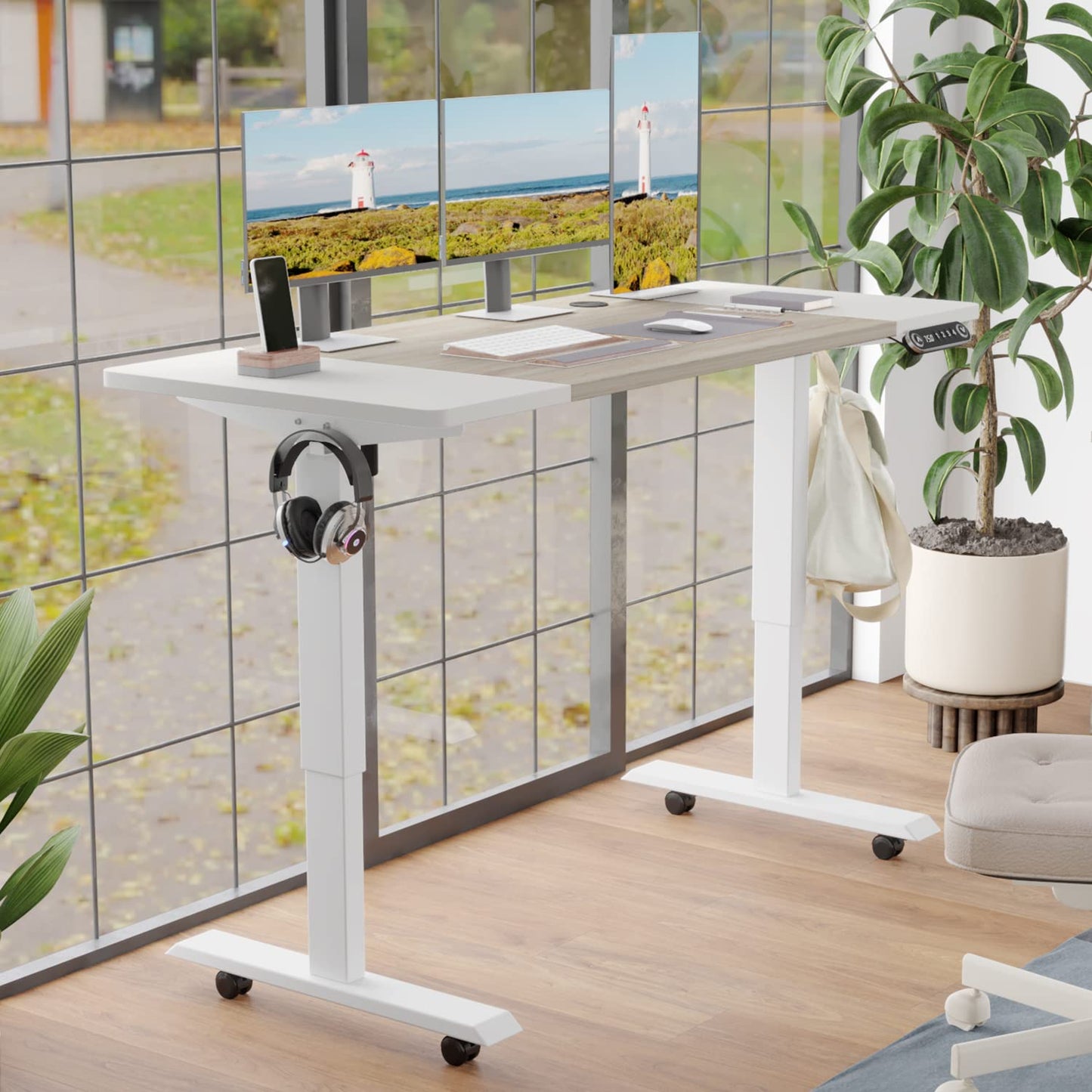 BUNOEM Height Adjustable Electric Standing Desk, 55X24 Height Stand Up Computer Desk,Sit and Stand Home Office Desk with Splice Board (White+Oak Top, White Frame) - WoodArtSupply