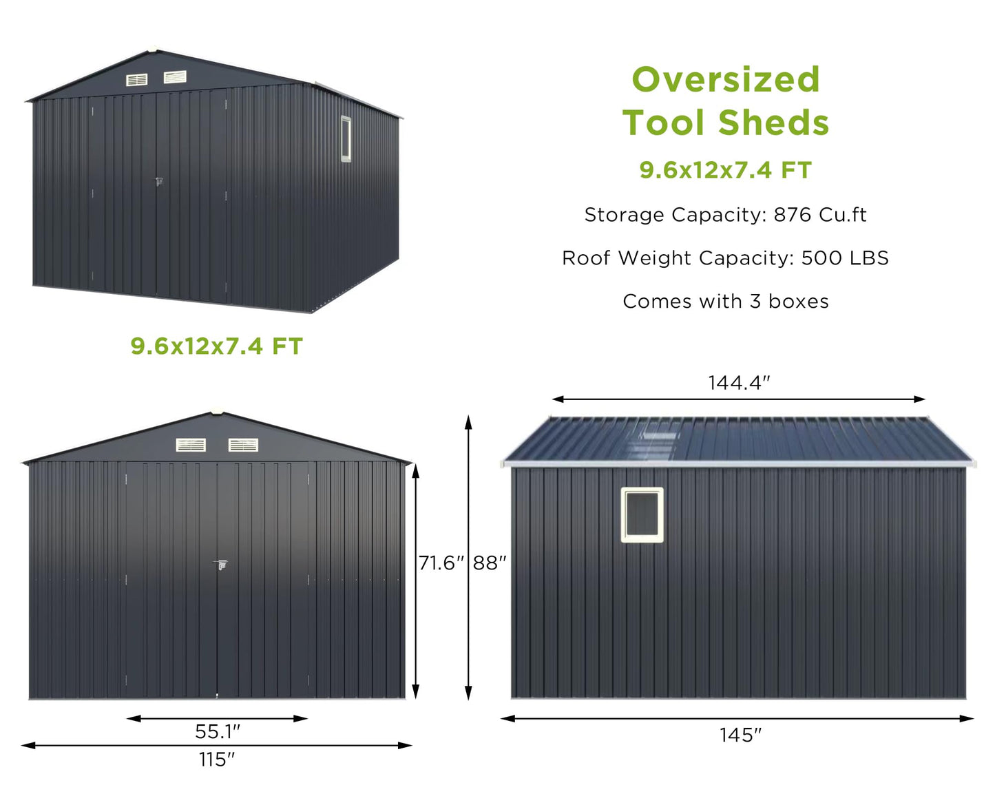 VanAcc 10x12x7.5 FT Outdoor Storage Shed, Galvanized Steel Metal Garden Sheds with 2 Light Transmitting Window and Double Lockable Door, Oversized Tool Sheds for Backyard Patio Dark Grey/Whit - WoodArtSupply