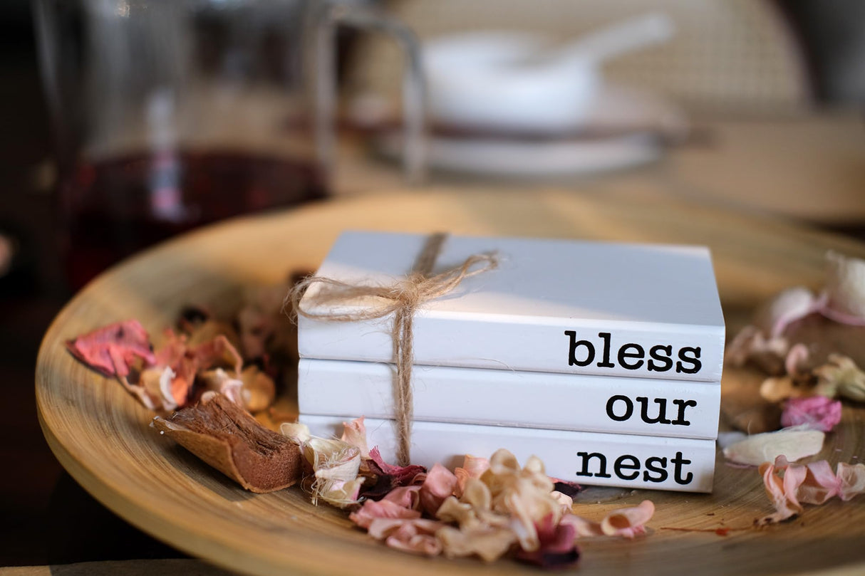 RUKEJUNE Mini White Decorative Books for Tiered Tray Decor, Faux Books for Coffee Table Decoration, Farmhouse Wood Book Stack Shelf Decor - Bless Our Nest Sign RUKEJUNE