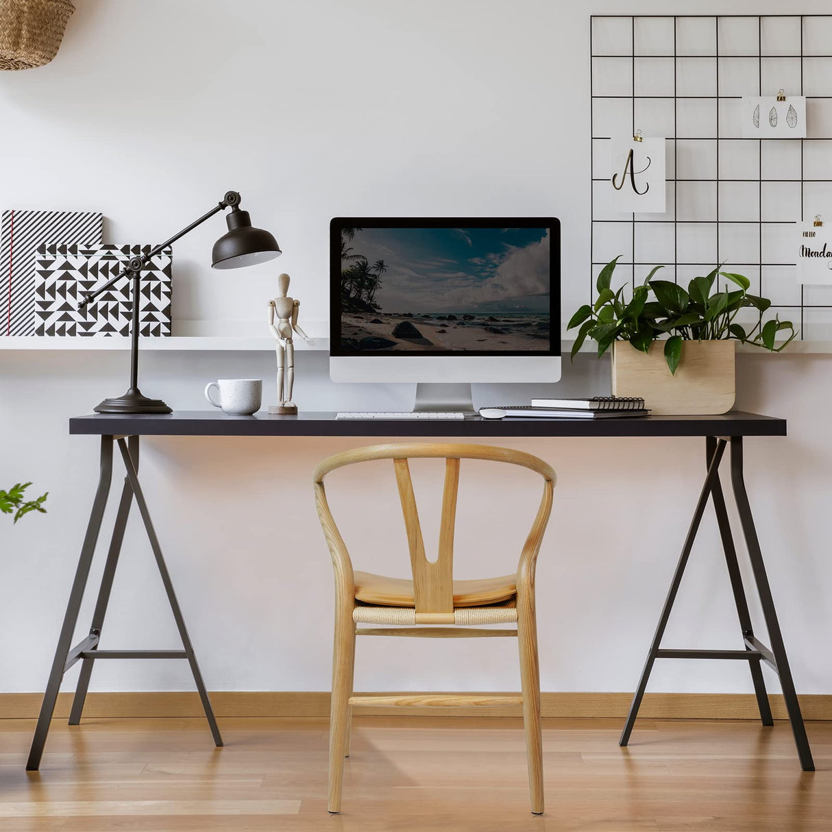 Forsho Set of 2 Solid Wood Wishbone Dining Chair with PU Soft Seat Cushion,Mid-Century Y Back Weave Dining Chair（Ash Wood - Walnut + Cushion） Forsho