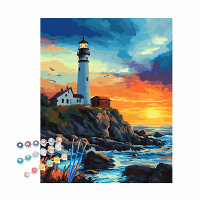 Lighthouse Paint by Numbers, Lighthouse Ocean Paint by Number Kit for Adults, Coastal Scenery Easy Acrylic DIY Oil Painting on Canvas for Home Wall Decor- Rocky Cliff at Sunset(16x20inch, No Frame)