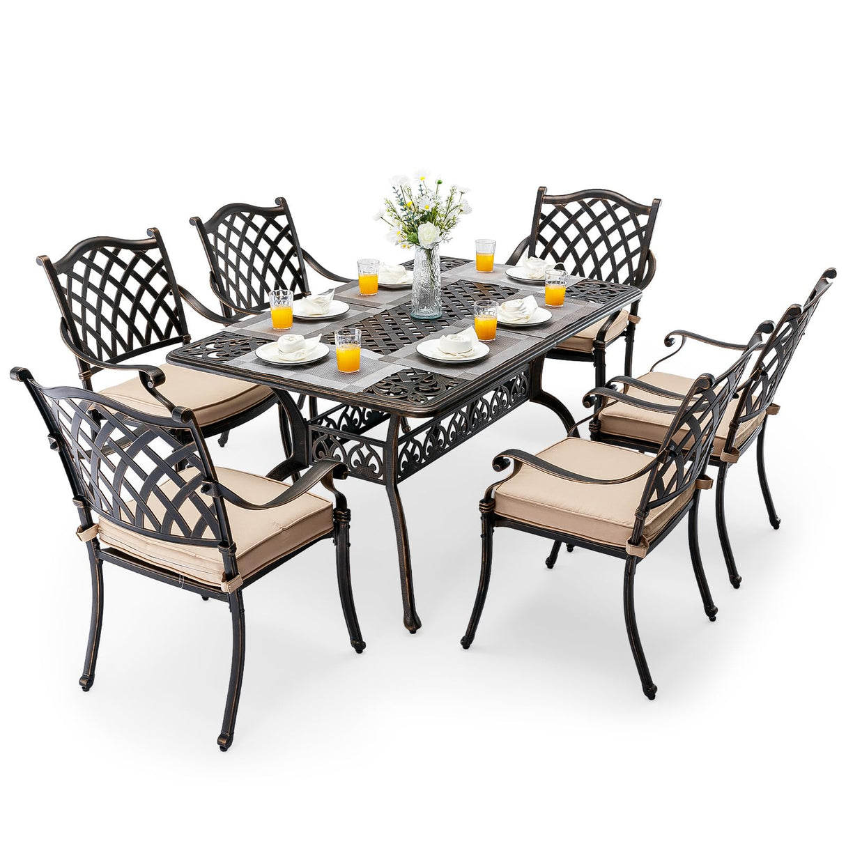 Attliasalon Outdoor Dining Set Cast Aluminum Retro Patio Dining Set with Thicker Cushion and Umbrella Hole for Patio Deck (Bronze Stackable Chair(Lattice), 7 Pcs(59" Rectangular Table)) Attliasalon