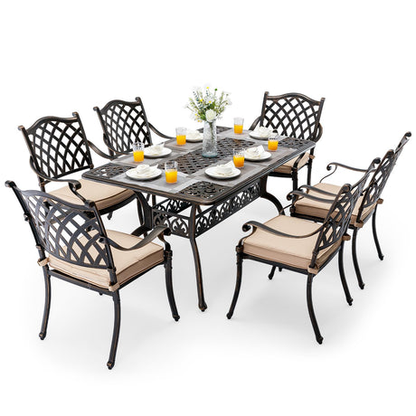 Attliasalon Outdoor Dining Set Cast Aluminum Retro Patio Dining Set with Thicker Cushion and Umbrella Hole for Patio Deck (Bronze Stackable Chair(Lattice), 7 Pcs(59" Rectangular Table)) Attliasalon