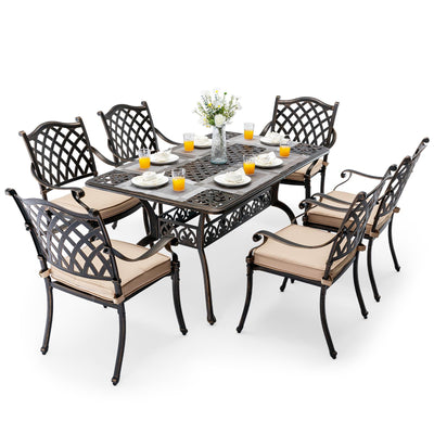 Attliasalon Outdoor Dining Set Cast Aluminum Retro Patio Dining Set with Thicker Cushion and Umbrella Hole for Patio Deck (Bronze Stackable Chair(Lattice), 7 Pcs(59" Rectangular Table))