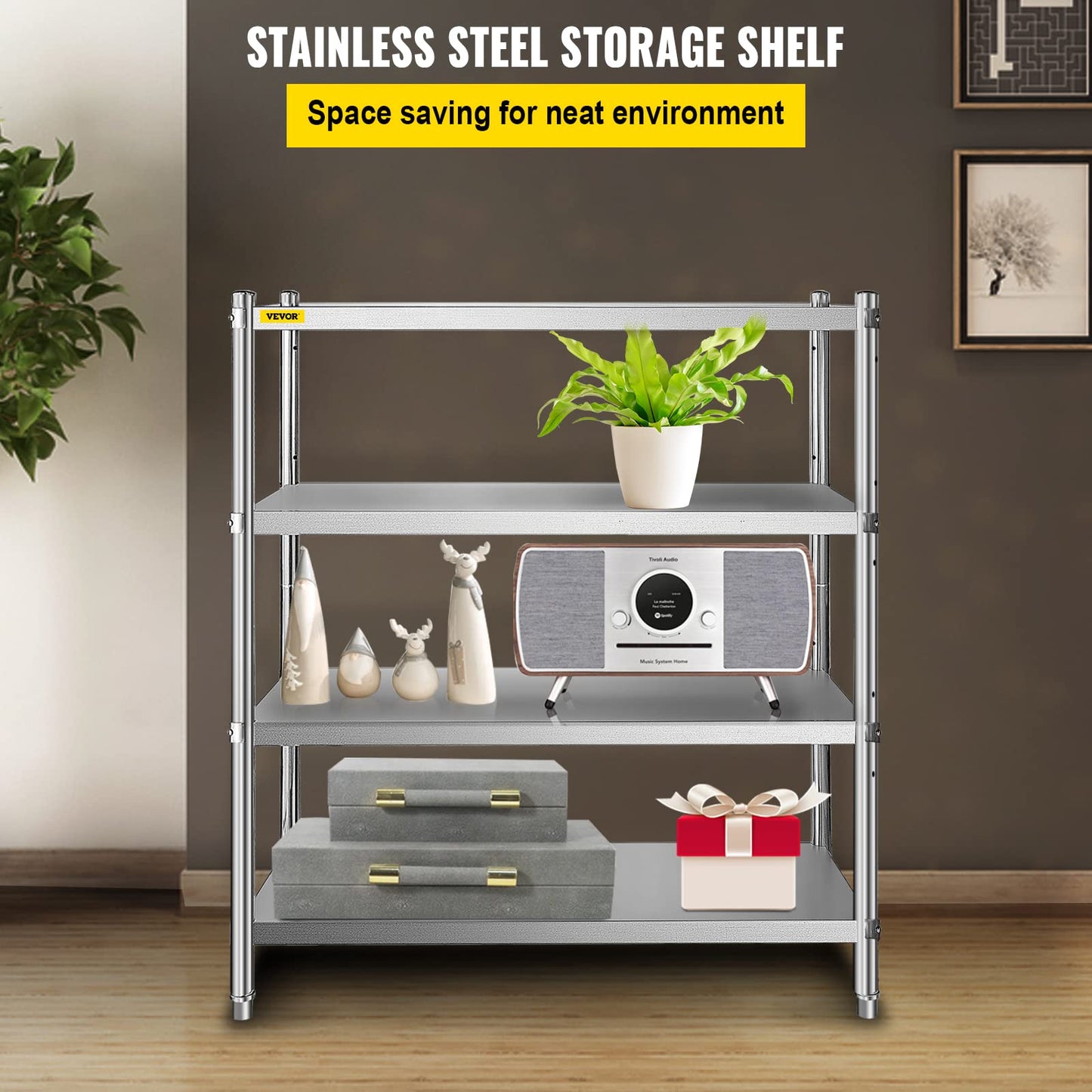 VBENLEM Stainless Steel Shelving 46.8x18.5 Inch 4 Tier Adjustable Shelf Storage Unit Stainless Steel Heavy Duty Shelving for Kitchen Commercial Office Garage Storage 330lb Per Shelf