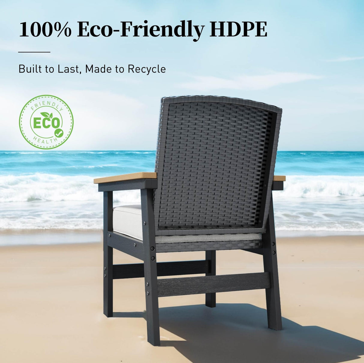 7 Piece HDPE Outdoor Dining Set for 6, 64” All Weather Wood-grain Dining Table, 6 Wicker Rattan Chairs with 3.2” Waterproof Cushion, Patio Table and Chairs Set for Backyard and Deck, Black SUNSHINE VALLEY