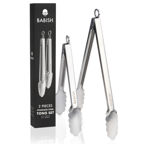 Babish 12” & 9” Locking Kitchen Tong Set, Stainless Steel Babish