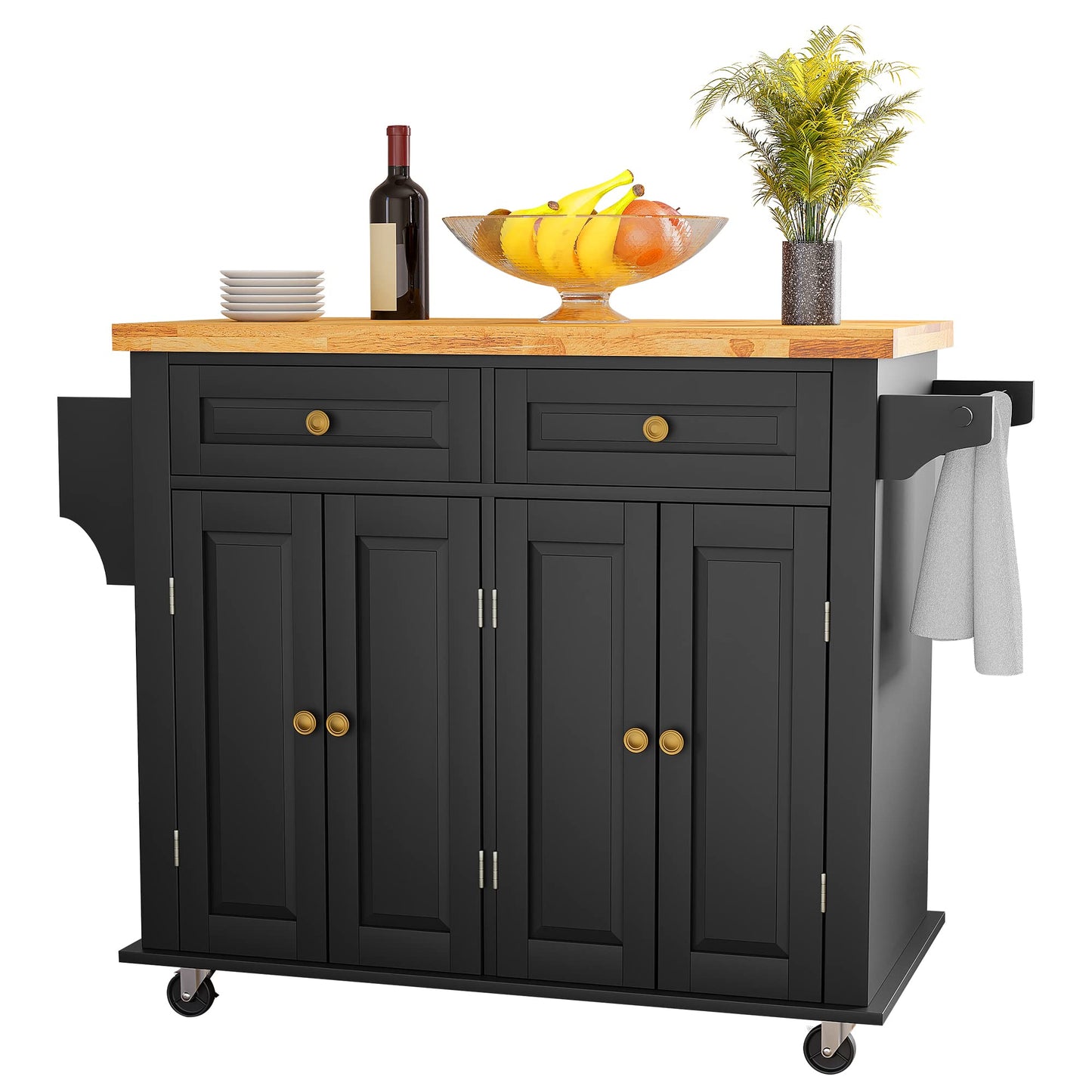 Squireewo Kitchen Cart with Rubber Wood Top Breakfast Bar, Rolling Mobile Kitchen Island Table on Wheels with Drawer and Storage Cabinet, Spice Rack, Towel Rack, Black - WoodArtSupply