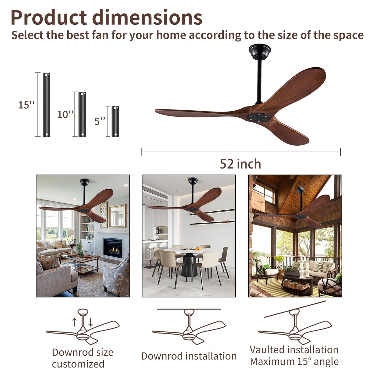 Solid Wood Ceiling Fan Without Light, 52 inch Walnut Ceiling Fan with 3 Wood Blades 6 Speeds Smart Timing Reversible DC Motor, Modern Ceiling Fan for Indoor Outdoor Farmhouse/Patios - Dark Walnut… Zronon
