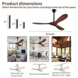 Solid Wood Ceiling Fan Without Light, 52 inch Walnut Ceiling Fan with 3 Wood Blades 6 Speeds Smart Timing Reversible DC Motor, Modern Ceiling Fan for Indoor Outdoor Farmhouse/Patios - Dark Walnut… Zronon
