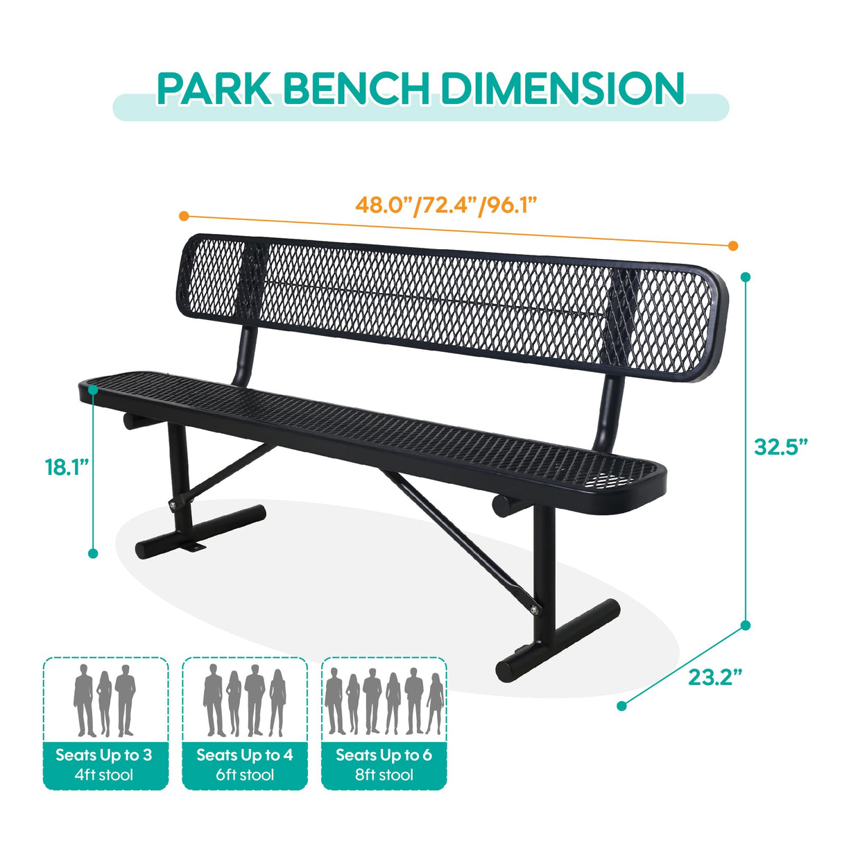 Sunnibety 6 Feet Heavy Duty Metal Park Bench for Outside, Outdoor Bench with Backrest & Portable Frame, Commercial Benches for Shopping Malls, Stores, Parks, Patios, Decks, Black Sunnibety