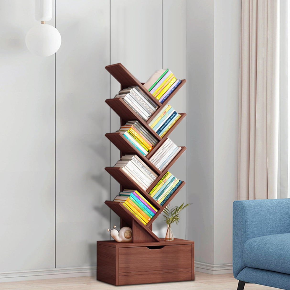 Hesitroad Tree Bookshelf,9 Tiers Bookshelf with Drawer,Retro Floor Standing Bookcase,Tall Wood Book Storage Rack for CDs/Movies/Books,Utility Book Organizer Shelves for Bedroom, Living Room, Home Off Hesitroad
